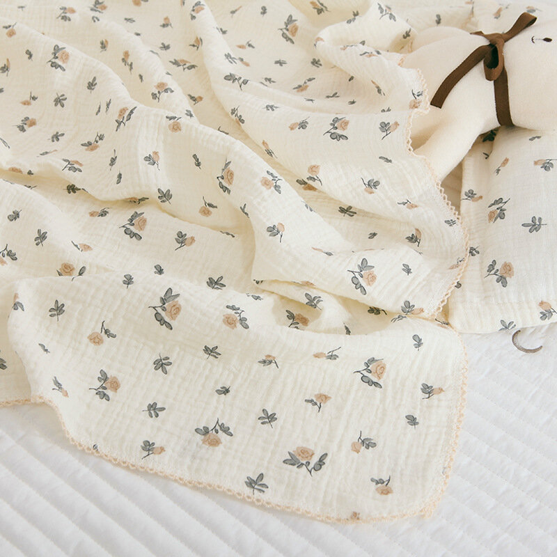 ผ้าห่อตัวเด็กมัสลิน150ซม. ผ้าหุ้มตัวเด็กทารกลายดอกไม้ฤดูร้อนเตียงนอนเนื้อนุ่มผ้าพาดบ่าผ้าห่มรถเข็น