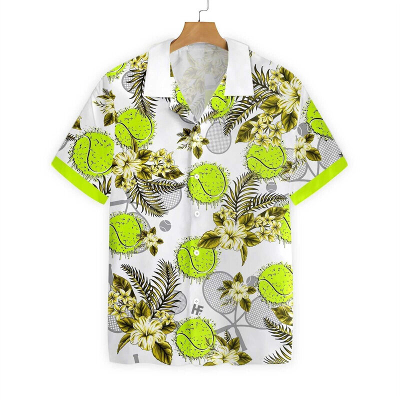 남성용 테니스 공 라켓 패턴 하와이안 셔츠, 3D 프린트 스포츠 셔츠, 여름 스트리트 반팔 라펠 단추 블라우스, 패션