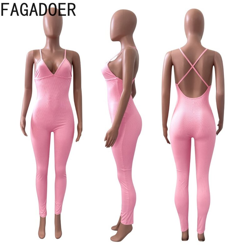FAGADOER Casual Solid Color Ribber Backless Bodycon Jumpsuits Women Deep V Thin Strap Sleeveless Slim Playsuits Female Overalls