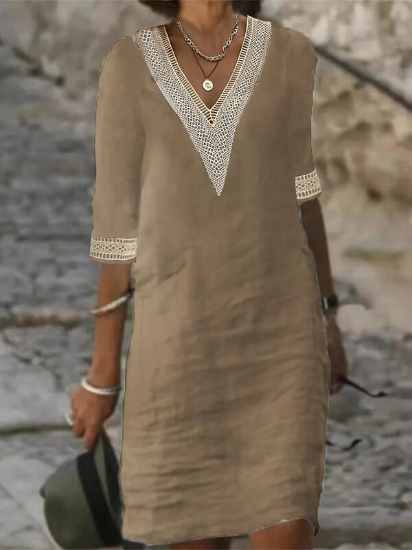 Vestido elegante de encaje para mujer, ropa informal de algodón y cáñamo con manga media y cuello en V, color liso, S-5XL verano, 2023