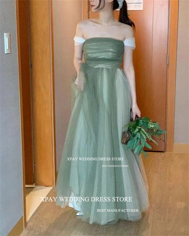 XPAY Unique Green Korea Evening Dresses Strapless Wedding Photo Shoot Prom Gown Off Shoulder Birthday Special Occasion Dress