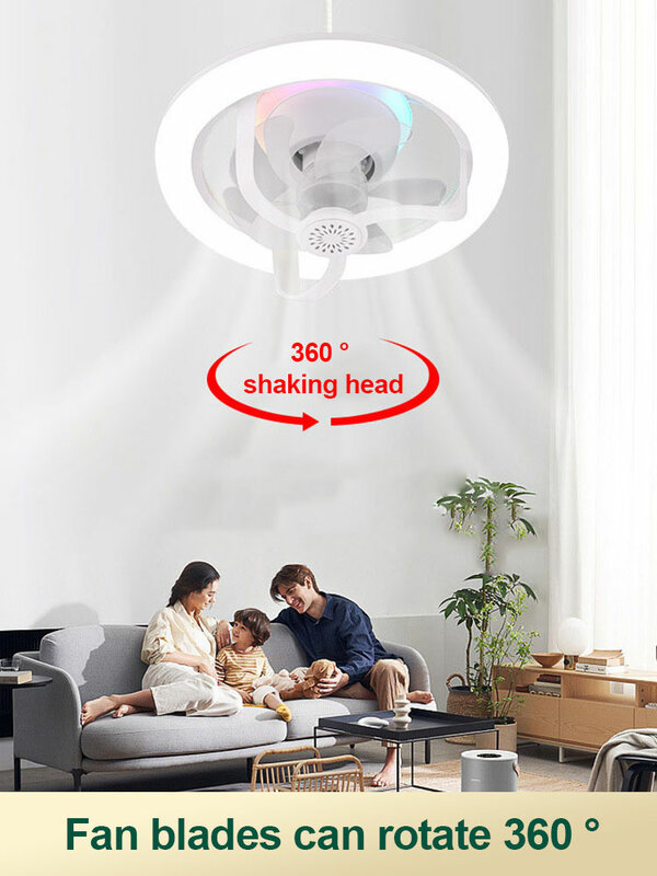 Ventilador de techo E27 giratorio de 360 °, lámpara regulable de 50W con cabezal de vibración ajustable de 360 °, luz de succión con control remoto, Color RGB