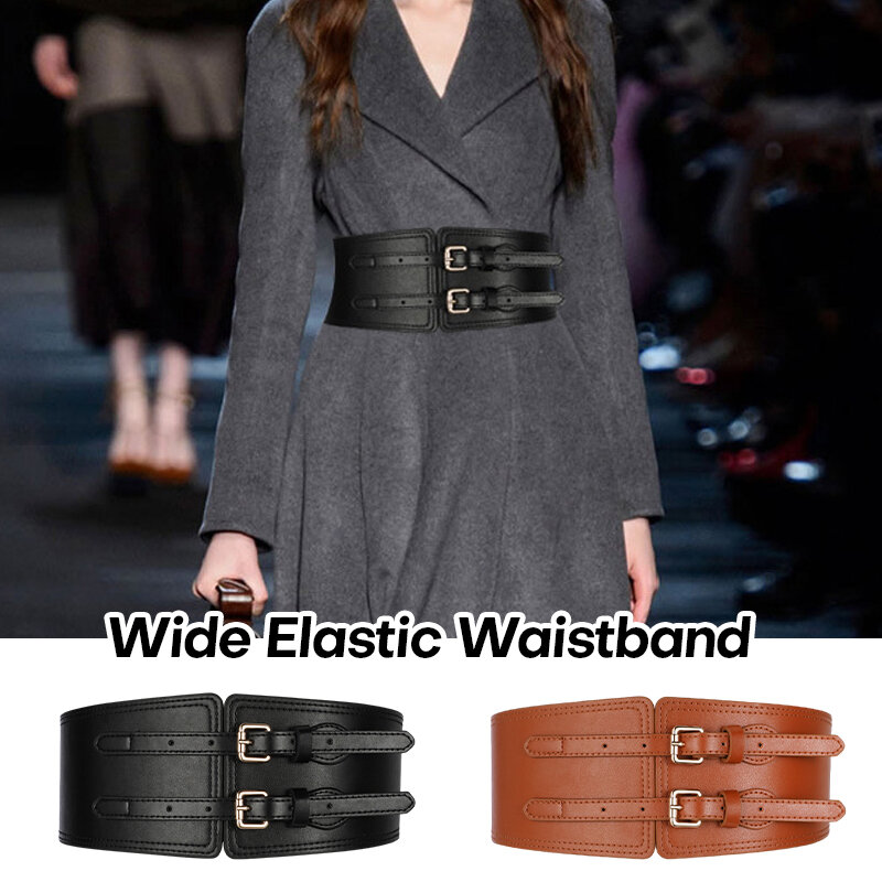 Luxury Women's Leather Wide Belt Vintage Pin Buckle Elastic  Waistband For Ladies Dress Overcoat Decorative Corset Girdle 