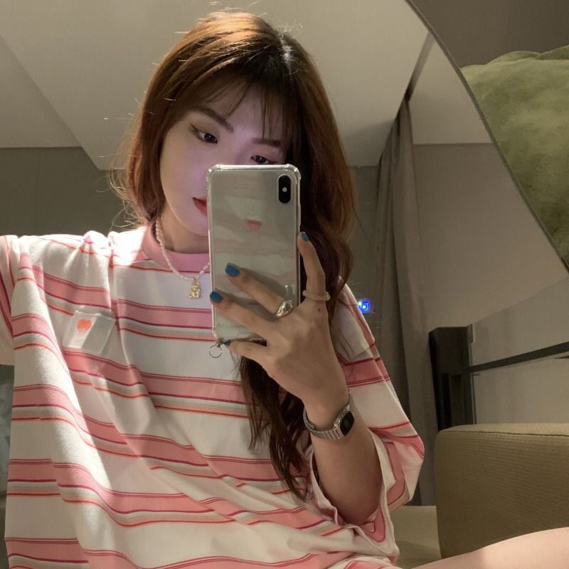 Sweet pink T-shirt for women in summer Korean style loose and versatile new Japanese round neck striped small fresh top trend