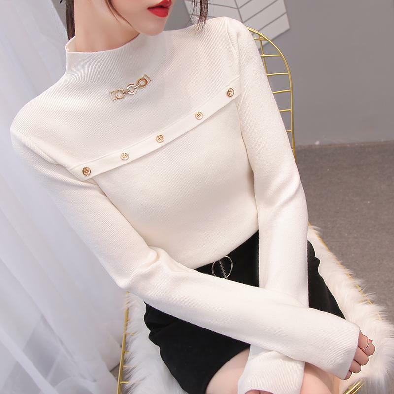 Women Elegant Korean Solid Slim Half High Collar Chain Knitted Sweater Fall Winter Long Sleeve Simple Basic Pullover Top Jumpers