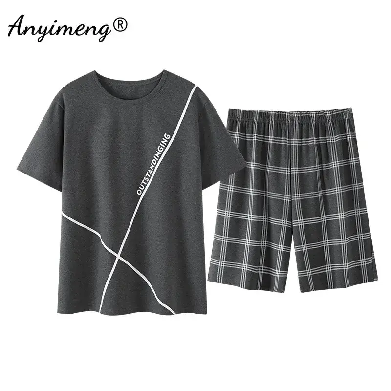 L-4XL eleganckie męskie bawełniane piżamy szorty na lato moda krótkie rękawy Homewear dla człowieka dorywczo męskie piżamy 2 sztuk zestaw Pijama