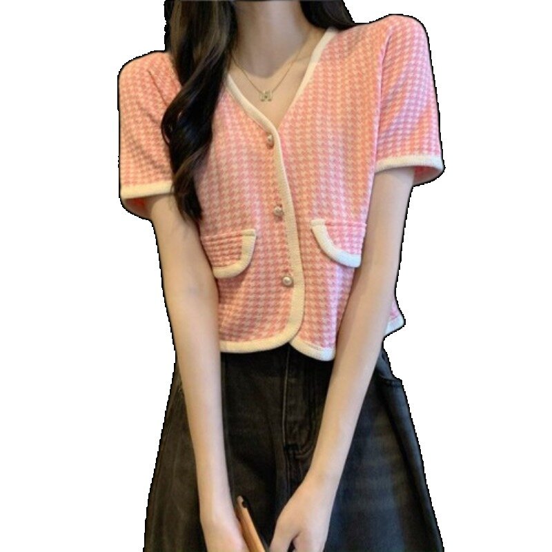 Vintage Tops Cardigan Women Korean Style Harajuku T Shirts Streetwear Plaid Short Sleeve Casual Single Breasted Chic Elegant Tee