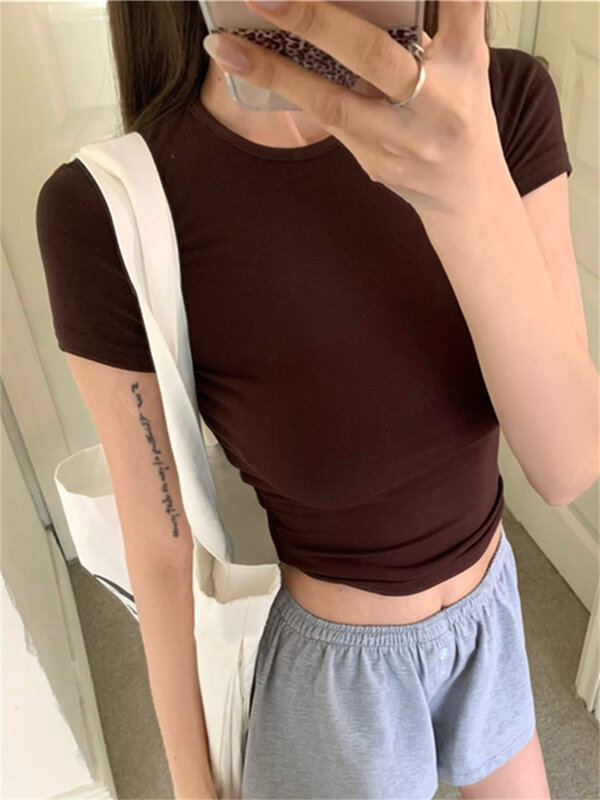 PLAMTEE 2024 Hot Sale Women T-Shirts Skinny New Slim Short Sleeve Summer Chic Office Lady High Street Tees Casual Solid Mujer