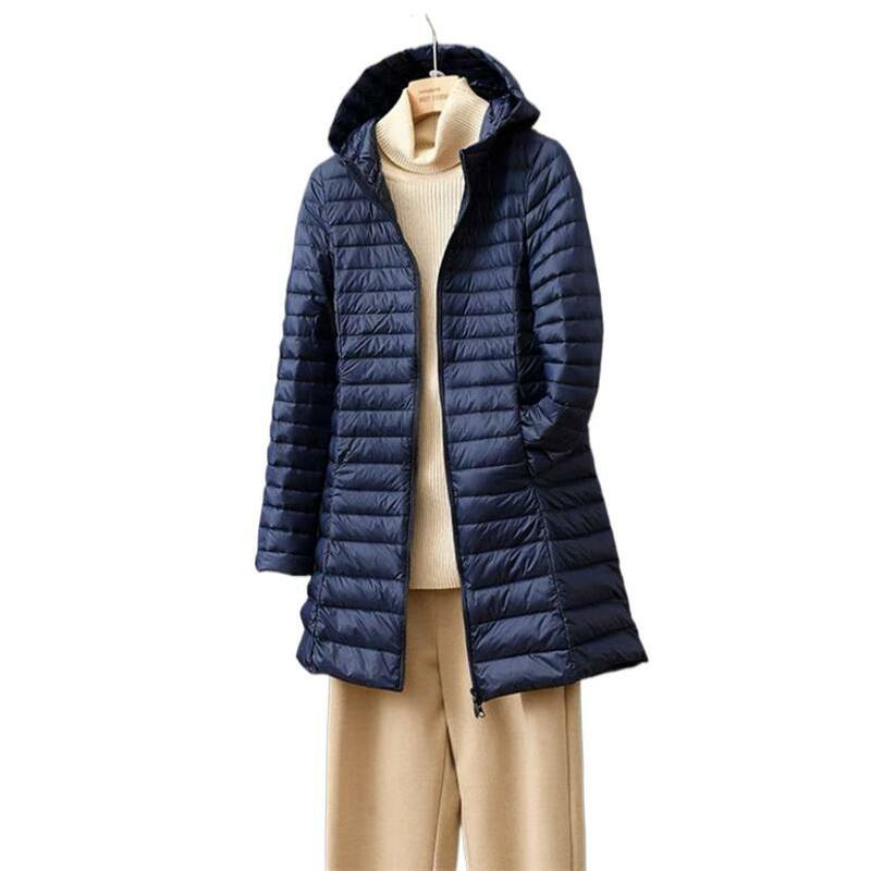 여성용 후드 캐주얼 슬림 다운 재킷, 휴대용 후드 롱 다운 코트, 여성 초경량 얇은 재킷, 아브리고, 가을, 겨울, 신상