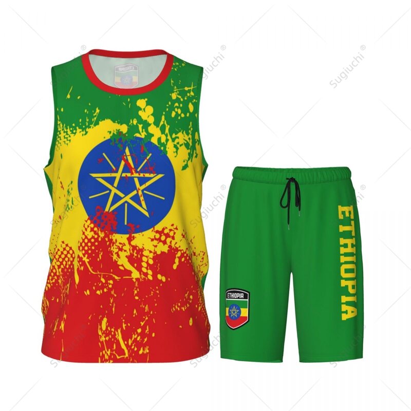 مجموعة جيرسيه كرة السلة من العلم الاثيوبي ، قميص وسراويل فريق ، اسم مخصص بدون أكمام ، حصري