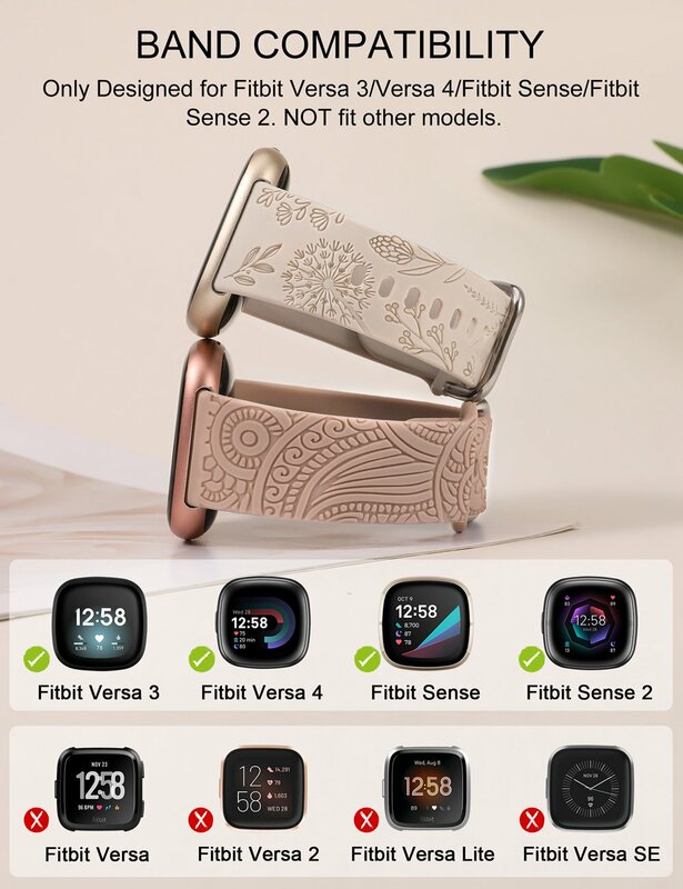 Toyears 2 confezioni fascia con incisione floreale per Fitbit Versa 4/Versa 3/Sense 2/Sense donna uomo hennè Dandelion Silicone Sport Strap