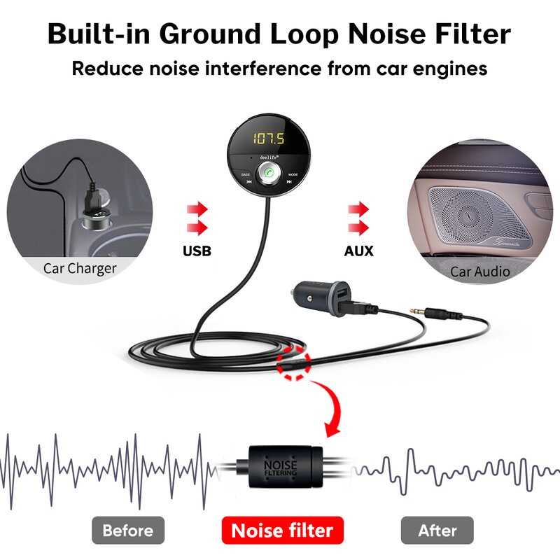 Deelife-adaptador auxiliar Bluetooth para coche, Kit de manos libres BT 5,0, receptor de Audio para teléfono automático, manos libres, transmisor FM