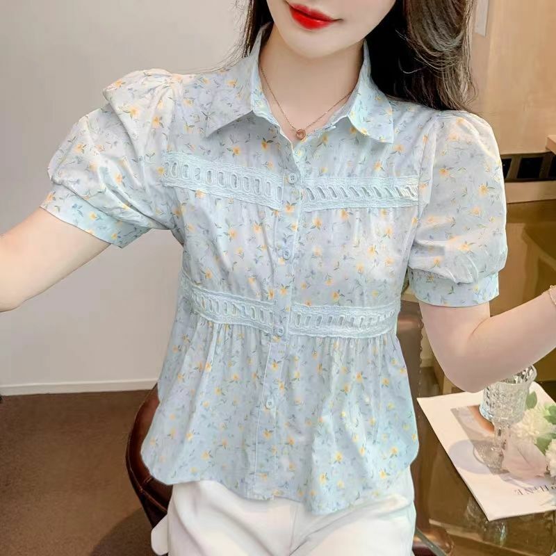 Style Summer Printed Bubble Sleeves Women's Polo Neck Folded Fashion Elegant Slim Fit Chiffon Single Row Multi Button Shirt Top