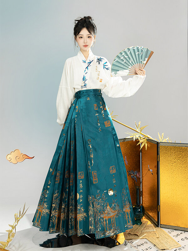 Original Ming Dynasty Hanfu Women's Aircraft Sleeves with Chinese Style Writing Horse Face Skirt CHINESE SKIRT WEAVEN GOLD
