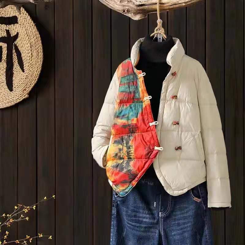 Jaqueta retrô feminina estampada com fivela estilo chinês, roupas femininas, casaco branco fino e claro de pato, parkas curtos para senhora, outono e inverno