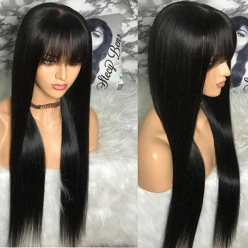 100% Straight Human Hair Wig Glueless Brazilian Straight Hair  With Bangs Full Machine Made Wig  On Sale 3x1 HD Lace On Top