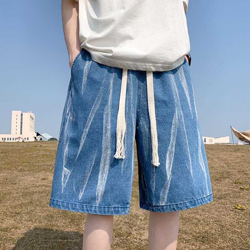 2024 Men Summer Korean Style Fashion Gradient denim shorts Baggy Straight Denim Vintage Short Casual Loose Short Jeans Male