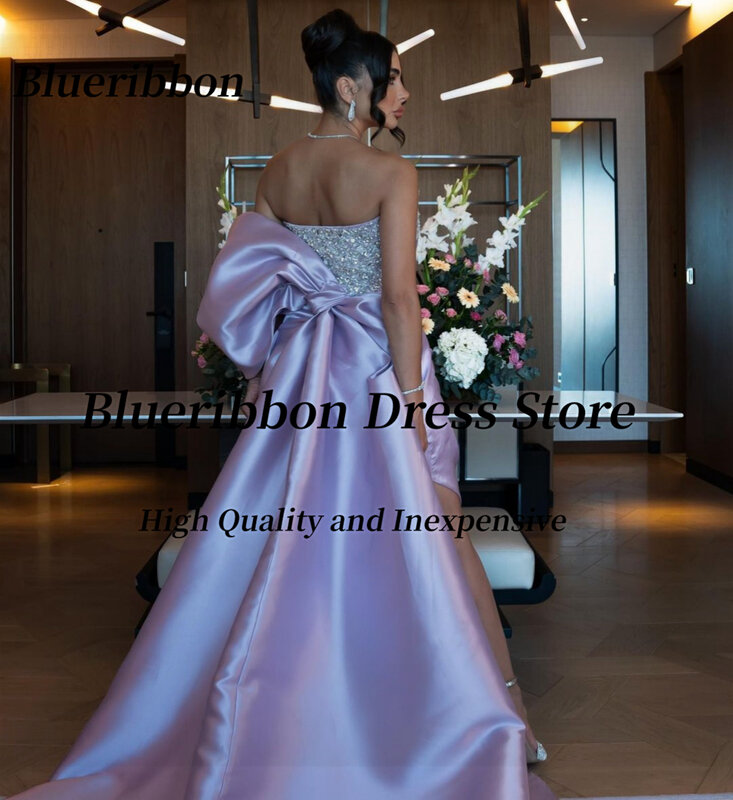 Blueribbon Vestidos De Ocasião formalny bez ramiączek cekiny duża kokarda suknie balowe długie marszczone brzegi suknia wieczorowa z rozcięciem