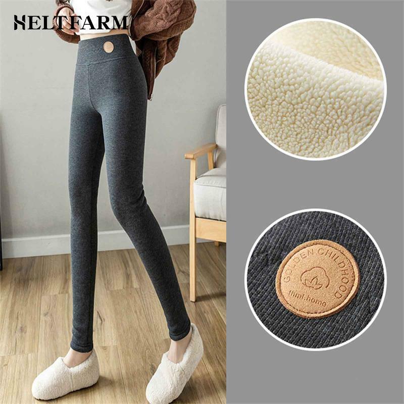 Women's Lamb Fleece Lined Leggings Warm Winter Leggings High Waist Inside And Out Thermal Pants With Pockets