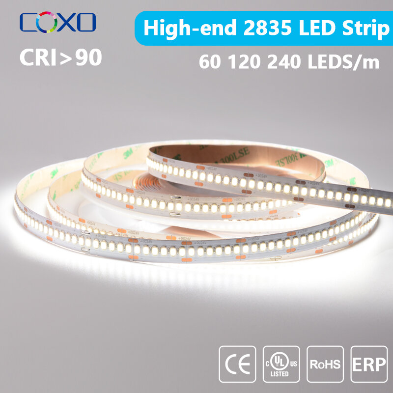 Bande lumineuse LED 2835, haut de gamme, 60/120/240 diodes/m, ruban Flexible, RA90 SMD2835, 3000K-6000K, DC12V 24V, 5m
