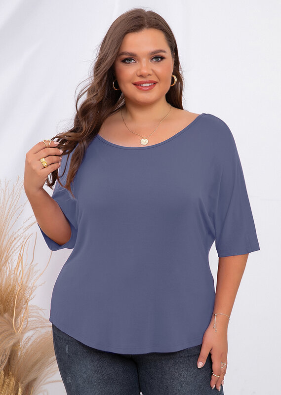 Moodclo-Camiseta de talla grande para mujer, blusa holgada de Color sólido negro con cuello en V y bolsillo, Verano