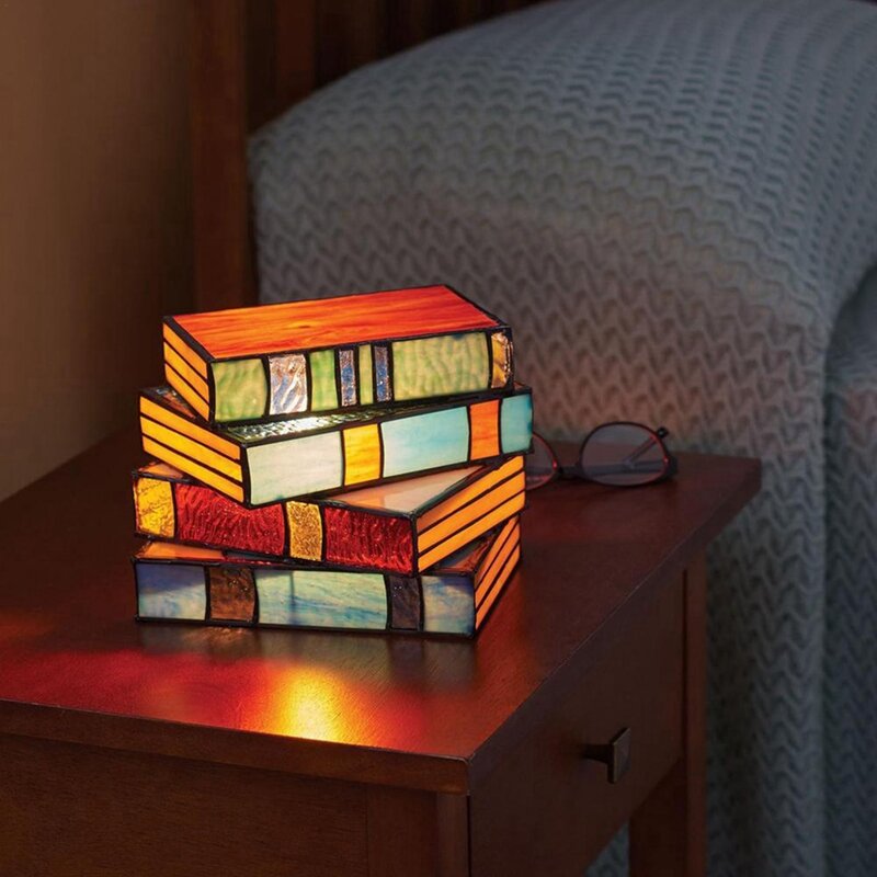 Stacked Books Lamp Home Decor Nightstand Table Lamps Glass Vintage Reading Book Lamp Stained For Household Reading Light Durable