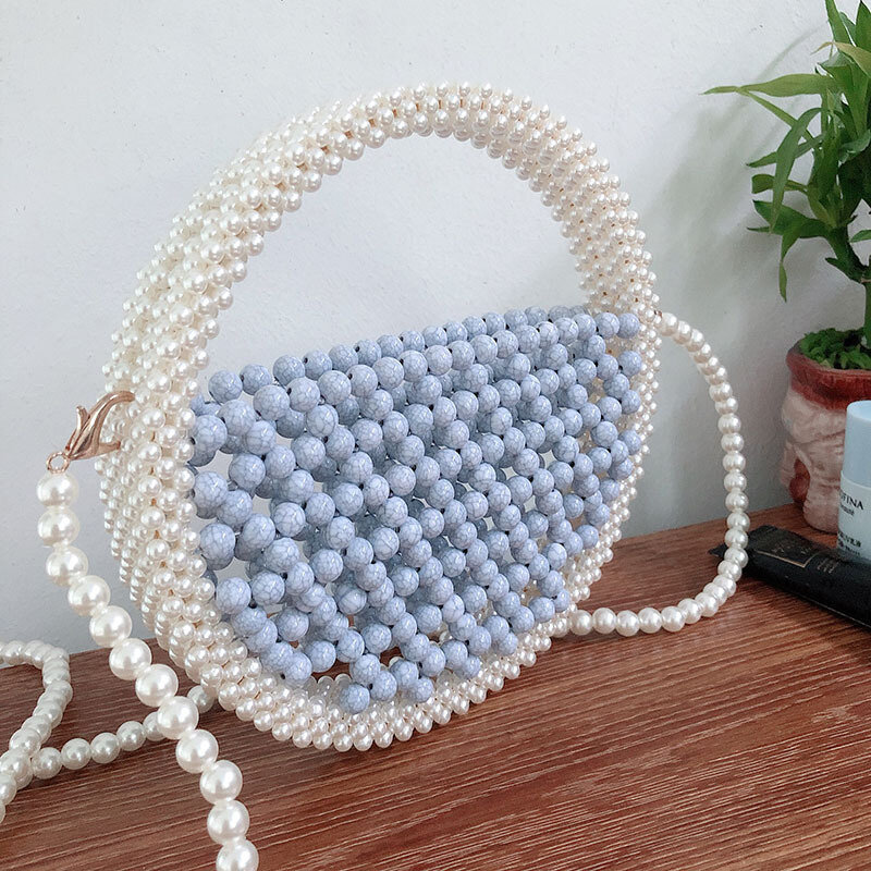 2022 Summer Holiday New Korean Handmade Woven Beaded Small Clutch Hollow Out Round Pearls Handbag Purse Female Chic Beach Bag