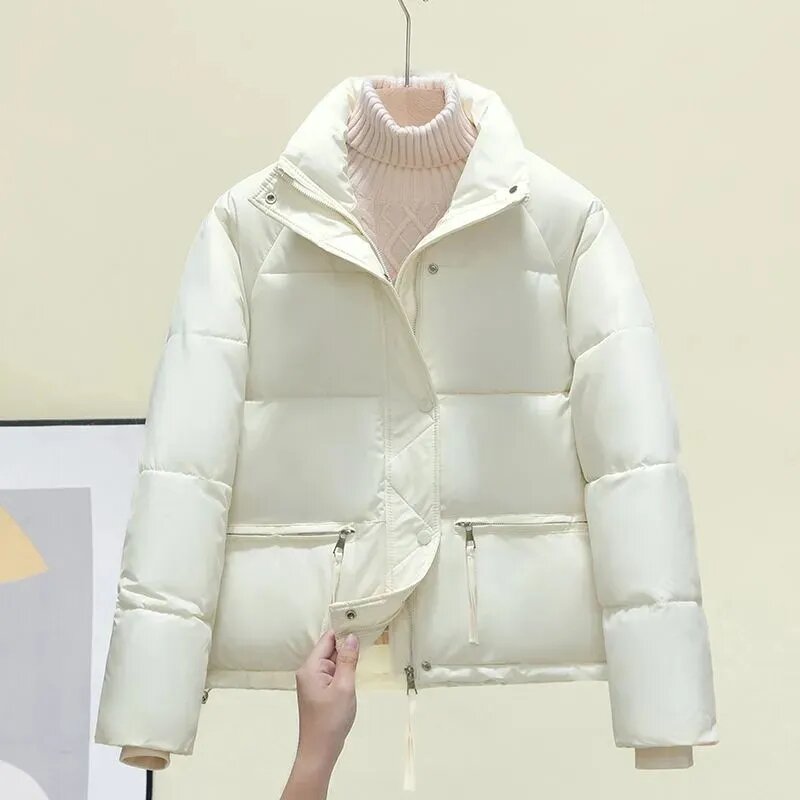 Jaqueta de algodão coreano acolchoada para mulheres, parkas soltas, gola alta, casaco puffer baixo, jaqueta grossa de pão quente, roupas de inverno, nova, 2023