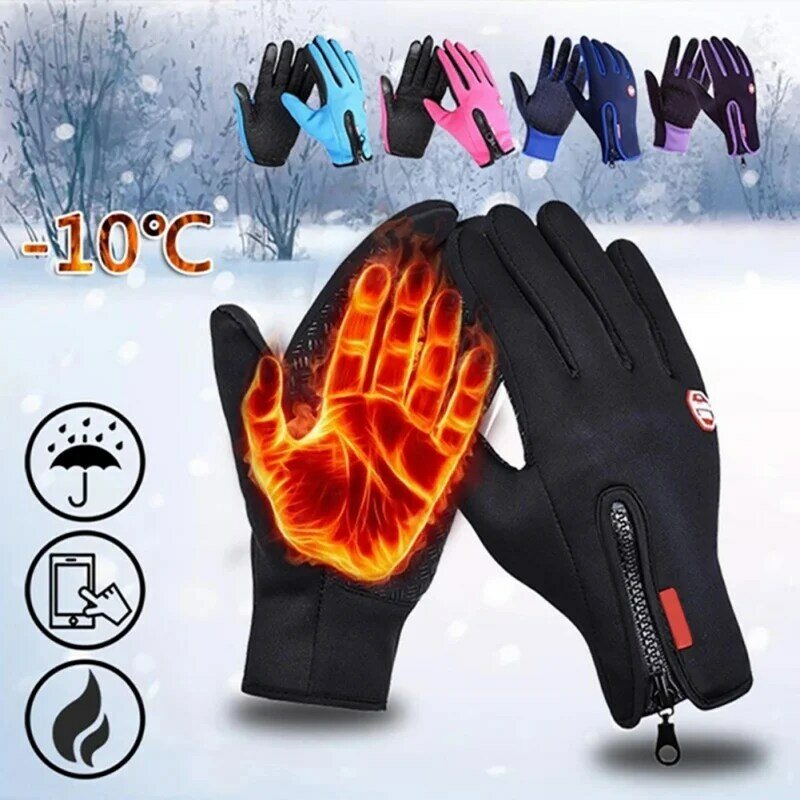 Зимние теплые лыжные перчатки для мужчин и женщин, ветрозащитные термоперчатки для сенсорных экранов, Нескользящие велосипедные перчатки, варежки на молнии