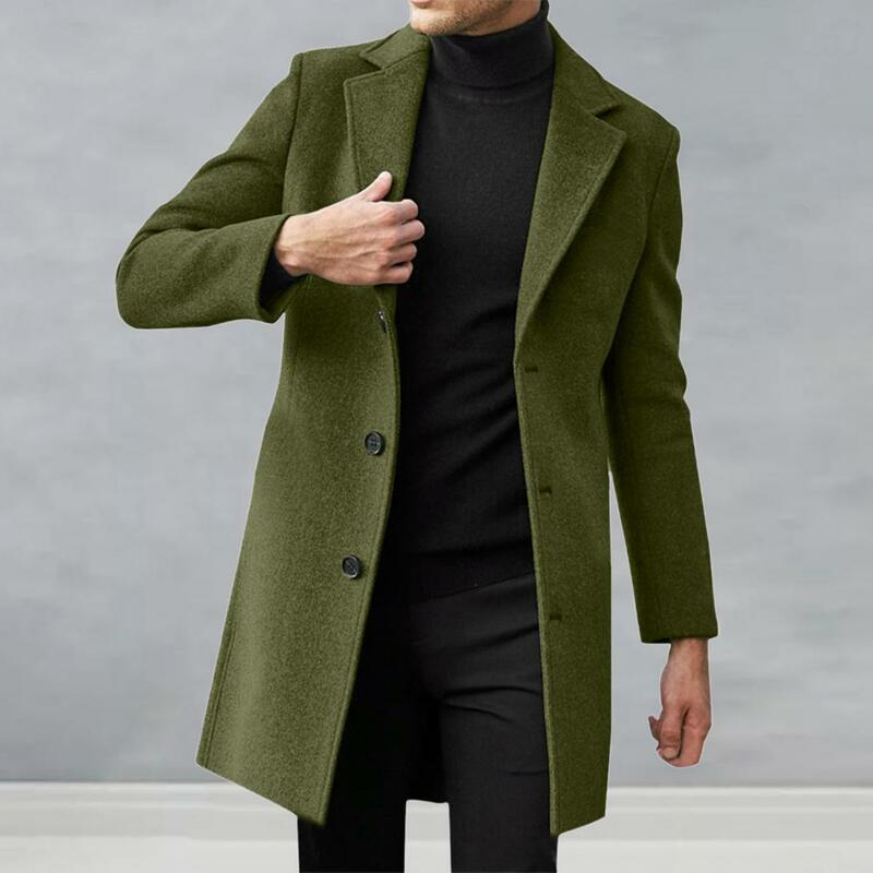 Abrigo clásico de lana para hombre, abrigo de manga larga con bolsillos laterales y solapa, traje de longitud media con botonadura única, Color sólido