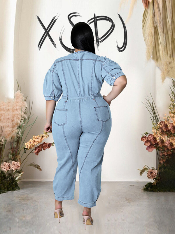 Kombinezon dresowy kobiet Plus Size ubranka jednoczęściowe noszenia w stylu Casual, letnia damski kombinezon zapinane na suwak spodnie jeansowe hurtowo Dropshipping