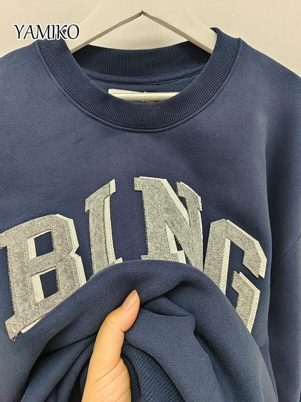 Aplikacja YAMIKO haftowane litery bluza damska 2024 jesień zima długi rękaw z okrągłym dekoltem Top aksamitny bawełniana bluza