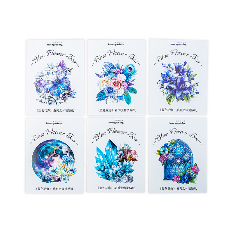 Pegatinas de flores azules para mascotas, decoración creativa y fresca, serie marina, DIY, 6 paquetes por lote