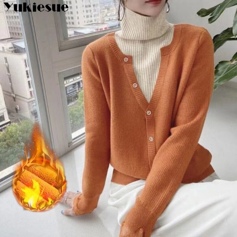 Suéter feminino falso casual de duas peças, pulôver coreano, malhas macias mais veludas, gola simulada, jumper quente espesso, tops de outono