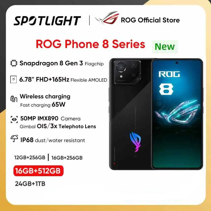 ASUS ROG 휴대폰 8 게임용 휴대폰, 스냅드래곤 8 Gen 3, 165Hz E-스포츠 화면, 무선 충전 휴대폰, 5500mAh 배터리, 2024 신제품