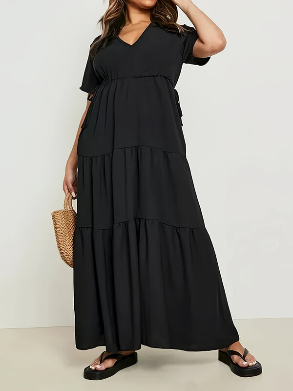 Mugen-Mulheres manga curta decote em v cor sólida vestidos soltos, roupas de verão, plus size, vestido de cintura, 2024