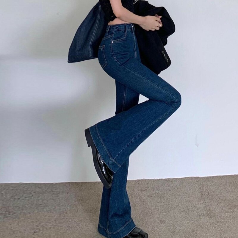 Jeans Flare Vintage de Cintura Alta para Mulheres, Calça Elástica Feminina, Ajuste Emagrecedor, Calças Sexy, Luz Destruído, Moda Retro