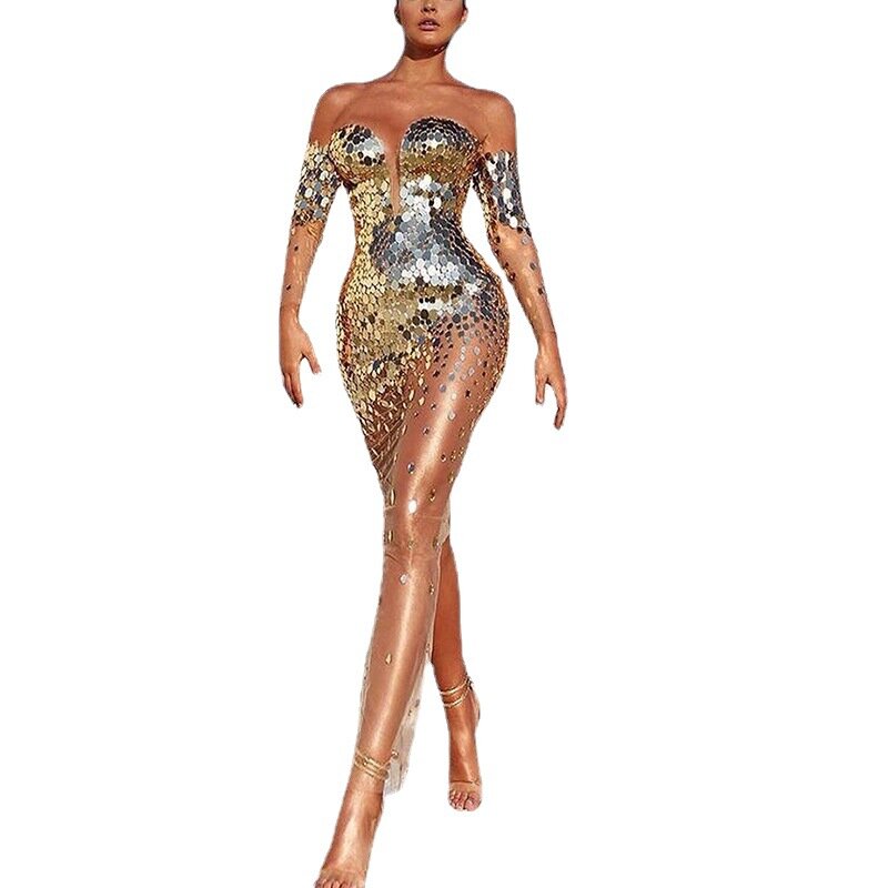 Robe de soirée en Tulle à paillettes dorées pour femmes, tenue de bal élégante, épaules dénudées, Sexy, 2023
