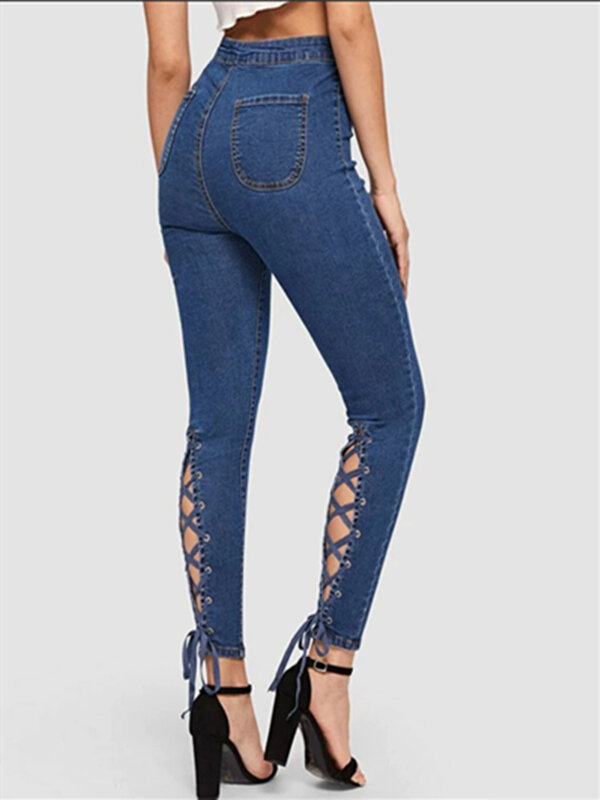 Celana panjang Denim ketat untuk wanita, celana panjang Denim elastis tali ramping pinggang tinggi 2023, celana panjang Jeans wanita