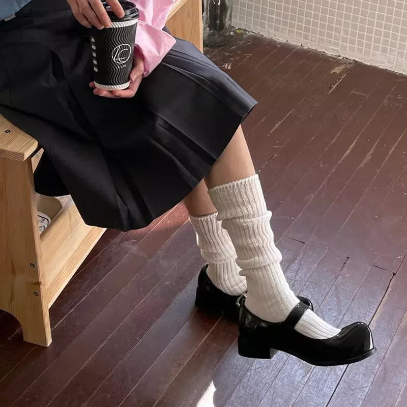 Calcetines largos de punto de algodón para niña, medias cálidas hasta las rodillas, moda japonesa, color rosa mate, Otoño e Invierno