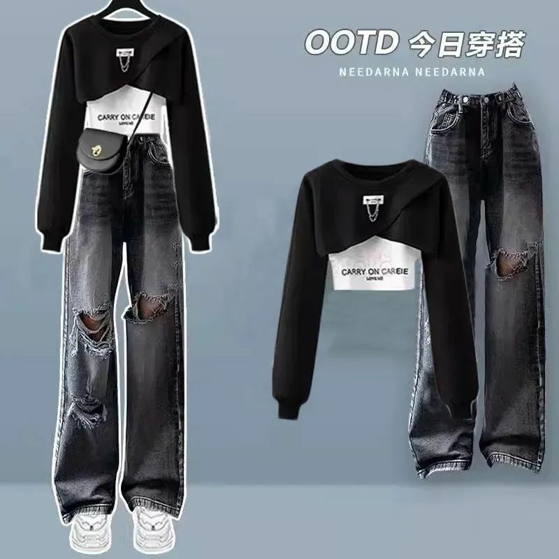 Top a maniche lunghe con decorazione a catena in stile coreano estivo 2024 con Jeans perforati Set di due pezzi per Set sportivo per studentesse