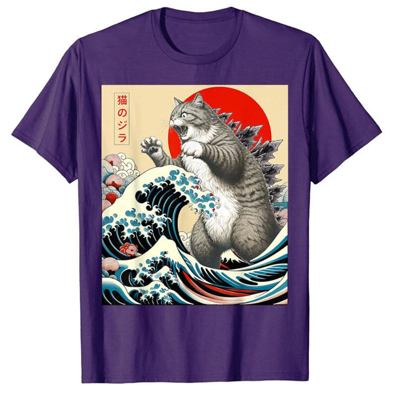 Catzilla japońska sztuka śmieszne prezenty dla mężczyzn kobiet t-shirt dla dzieci humorystyczny kotek graficznych strojów uroczy kotek kochanek mówiąc koszulka