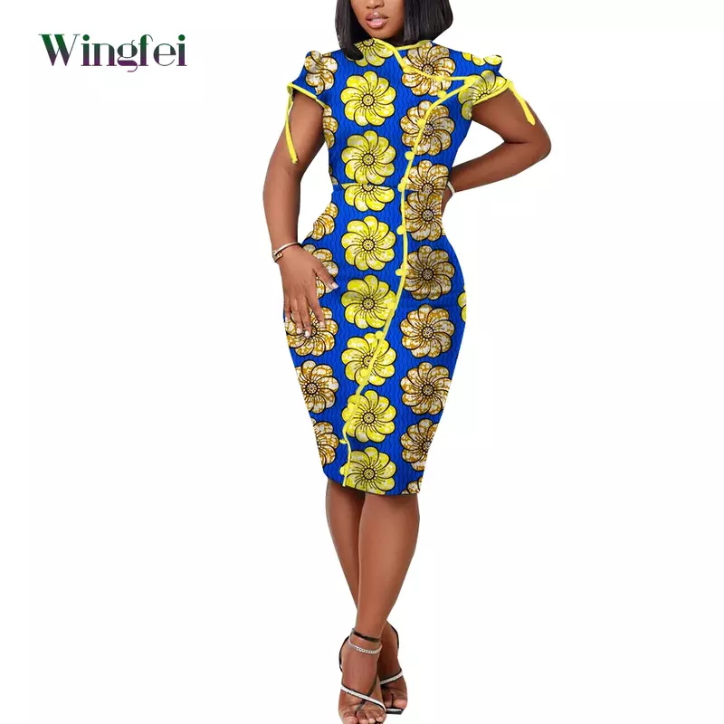 아프리카 보우 여성 드레스 대시키 프린트 드레스 버튼 아바야 의류 클럽웨어 레이디 캐주얼 바디콘 드레스 WY8992