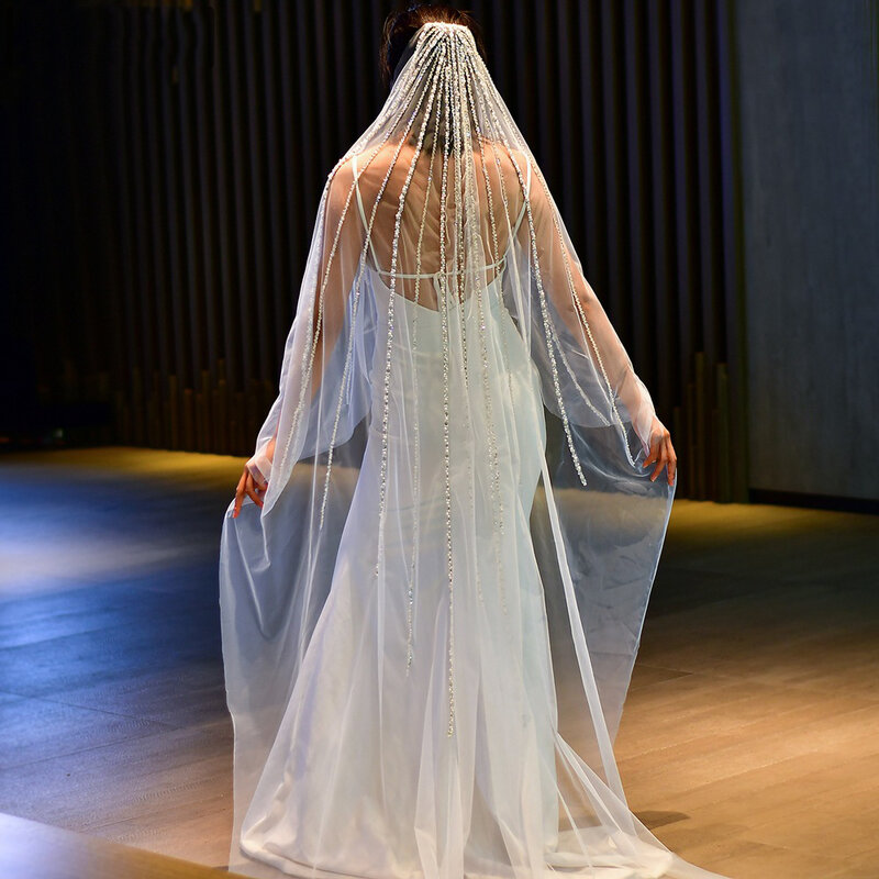 BL4047 Beaded bridal headdress single layer long headdress wedding veil