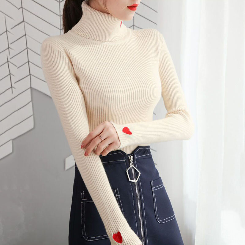 Zoki-Suéter feminino coreano de gola alta, suéteres macios quentes básicos simples, macacões bordados com coração, nova moda, outono e inverno