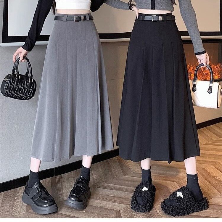 New Academy Style Black Pleated Skirt Girls Mid Length High Waisted Slimming A-line Suit Women Skirt Styles 2024 Spring Autumn