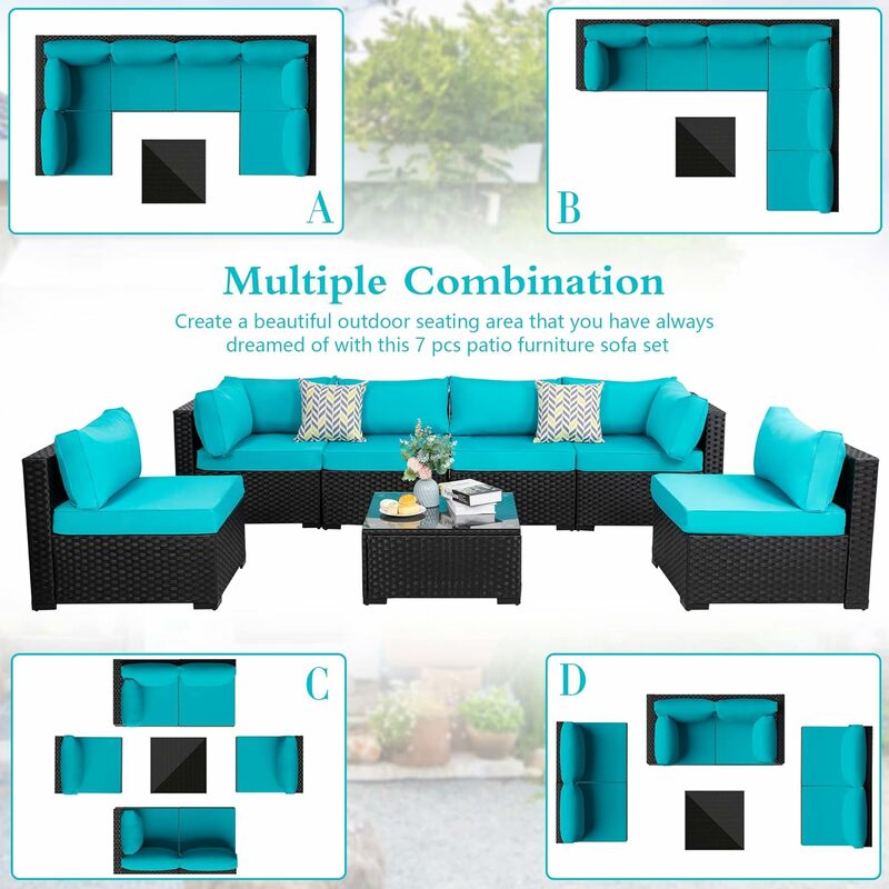 7 Pieces Outdoor Patio Furniture Sectional Set, Black Wicker Rattan Patio Outdoor Furniture Set with Tea Table Conversation Sets