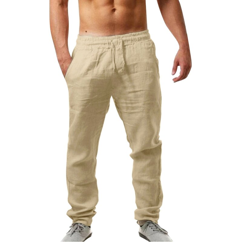 Celana olahraga Gym pria musim panas celana panjang Linen katun Soild celana panjang latihan kasual sejuk celana olahraga Jogger Hip Pop pakaian jalanan