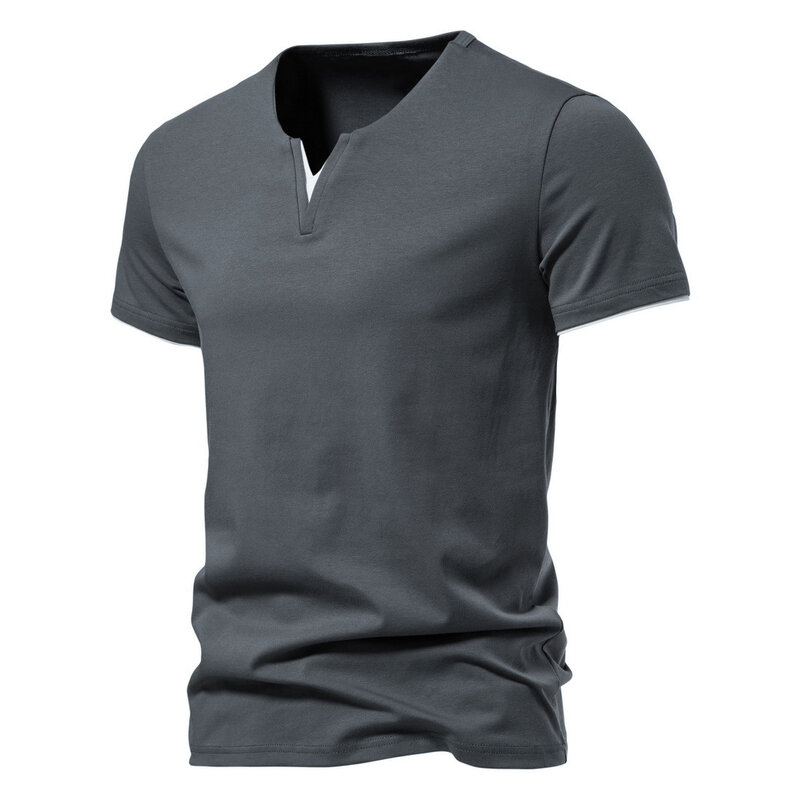 Camisas Henley de manga curta masculina, camisas casuais de algodão slim fit, camiseta básica com gola V, verão