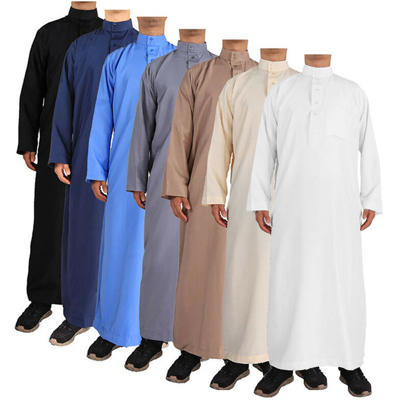 Abaya muçulmana para homens, roupas islâmicas, manga comprida, solta, cor sólida, com bolso, dubai, luxo